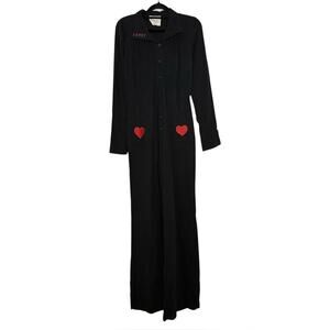 Lenni Black Long Sleeve Button Up Novelty Heart Patch Relaxed Leg Jumpsuit Small